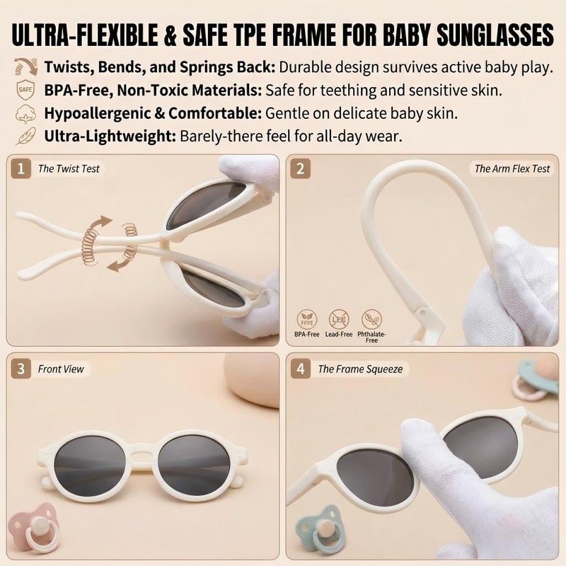 COASION Baby Polarized Sunglasses with Strap Adjustable TPEE Flexible Frame for Toddler Girls Boys Age 0-12 Months (White) - Image 4