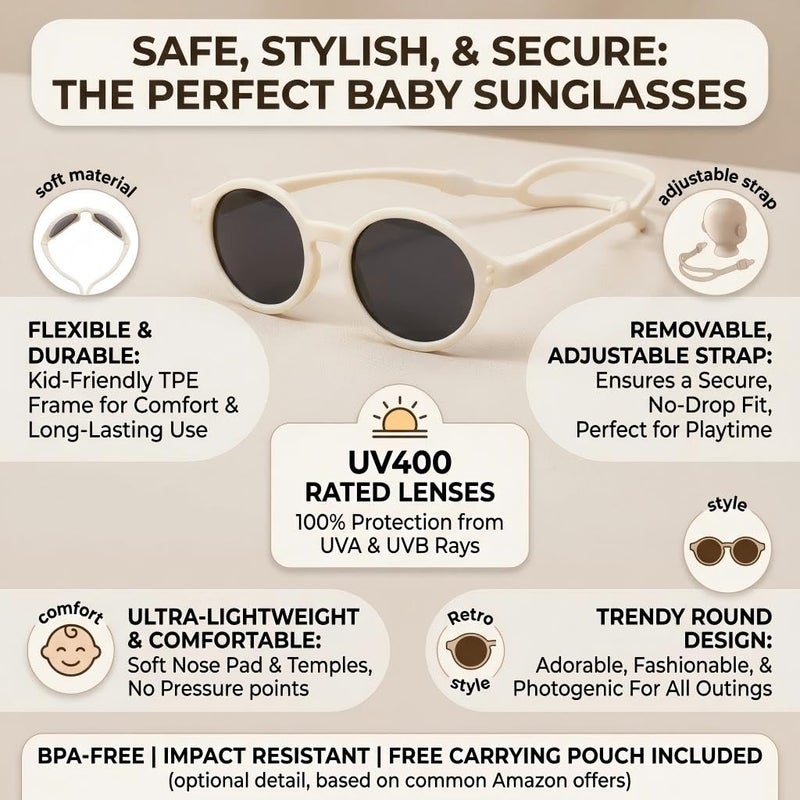 COASION Baby Polarized Sunglasses with Strap Adjustable TPEE Flexible Frame for Toddler Girls Boys Age 0-12 Months (White) - Image 3