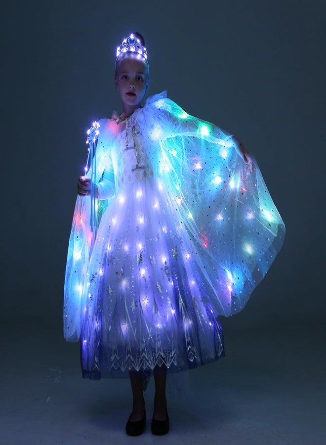 LEDPATY Girls Princess Cape LED Light Up Cloaks Halloween Dress Up with Tiara Crown, Wand,Necklace Pretend Play,Role Play & Dress Up (3-4T, White) - Image 3