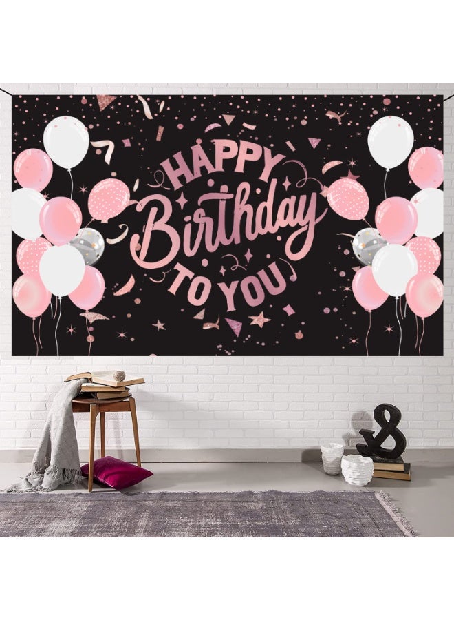 Mordely Black and Pink Happy Birthday Banner Backdrop Pink White Balloons Happy Birthday Party Banner Photography Background Birthday Party Decorations - Image 2