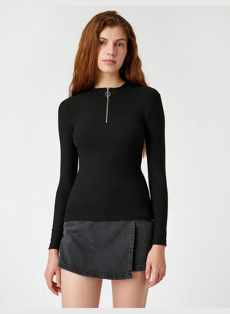 KOTON Zip Detail Long Sleeve T-Shirt