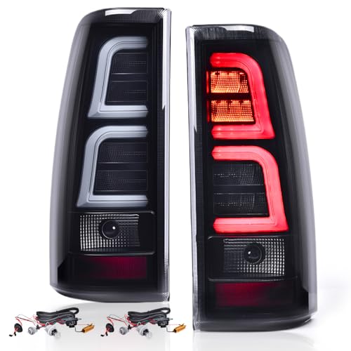 GRAND ORANGE LED Tail Lights Assembly W/Wiring Harness Compatible with Chevy Silverado 2003 2004 2005 2006 Smoke Lens Black Housing Rear Lights With White Light Bar GM2800174 GM2801174 - Image 1