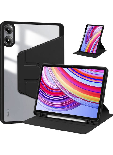 Rotating Case Compatible with Redmi Pad Pro 12.1 inch/ Xiaomi Poco Pad 12.1 inch,360 Degree Rotating Stand Cover, Multi-Angle Viewing Folio Cover with Pencil Holder Black