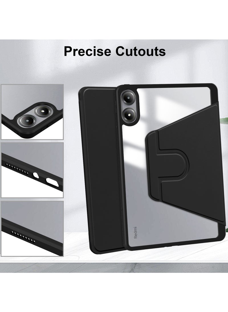 حقيبة دوارة متوافقة مع Redmi Pad Pro 12.1 بوصة / Xiaomi Poco Pad 12.1 بوصة ، غطاء حامل دوار 360 درجة ، غطاء قابل للعرض متعدد الزوايا مع حامل قلم رصاص أسود