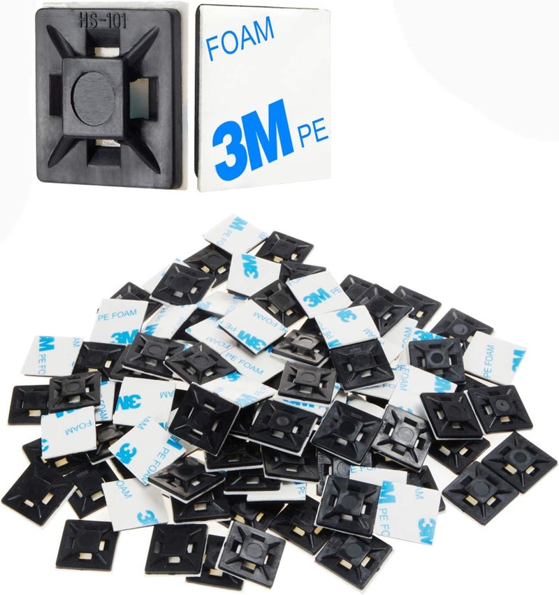 XHF 200 PCS 1/2" Black Self Adhesive Cable Zip Tie Mounts Wire Cable Clips Holders Management Anchors Organizer Holders Squares(HS-100) - Image 1