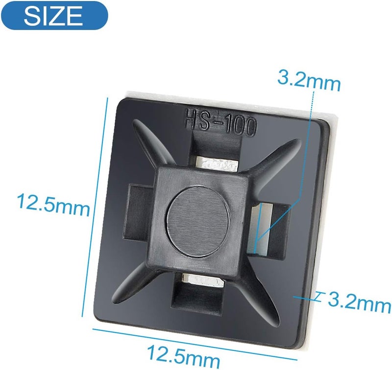 XHF 200 PCS 1/2" Black Self Adhesive Cable Zip Tie Mounts Wire Cable Clips Holders Management Anchors Organizer Holders Squares(HS-100) - Image 3