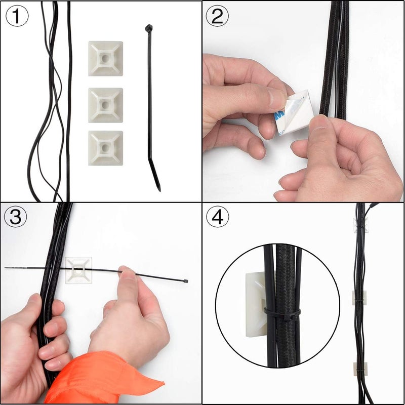 XHF 200 PCS 1/2" Black Self Adhesive Cable Zip Tie Mounts Wire Cable Clips Holders Management Anchors Organizer Holders Squares(HS-100) - Image 4