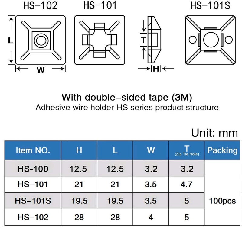 XHF 200 PCS 1/2" Black Self Adhesive Cable Zip Tie Mounts Wire Cable Clips Holders Management Anchors Organizer Holders Squares(HS-100) - Image 2