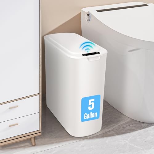 Cesun Motion Sensor Trash Can, 5 Gallon Automatic Bathroom Garbage Can with Lid, Touchless Smart Plastic Slim Wastebasket for Bathroom, Office, rv, Bedroom, Living Room, White - Image 1
