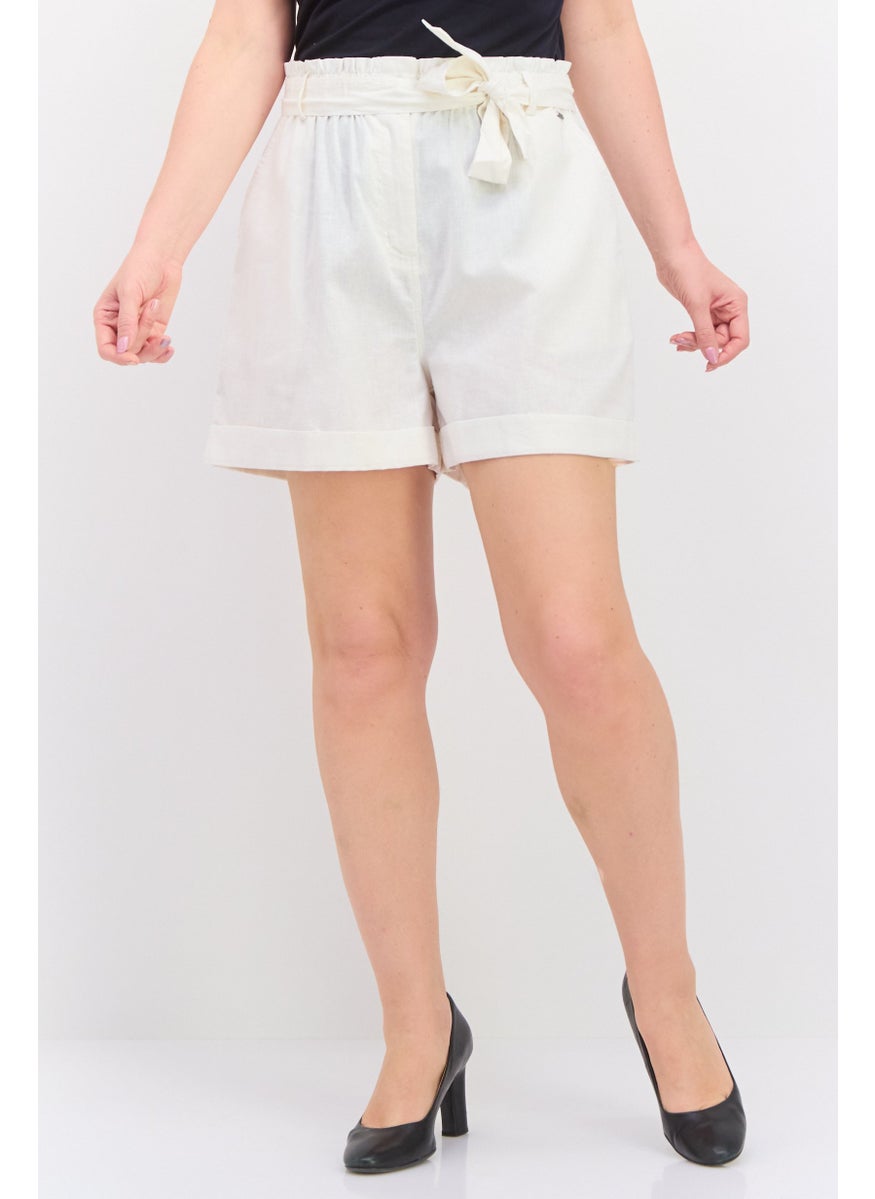 Pepe Jeans Women Plain Belted Basic Shorts, Off White  - Image 1
