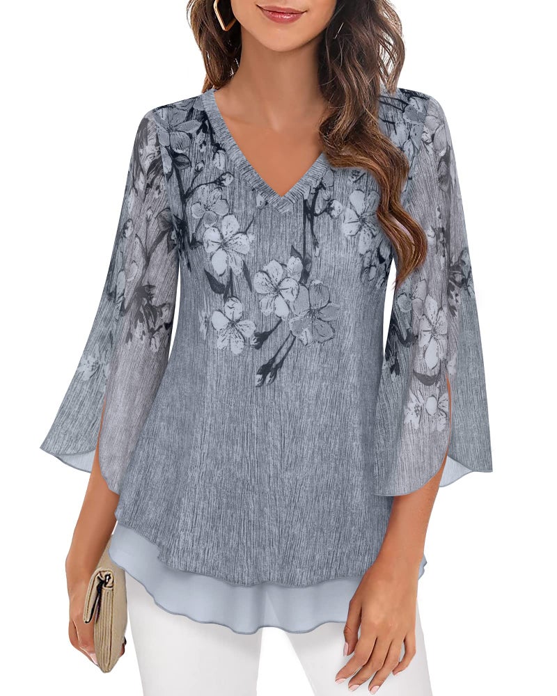 Timeson Ladies 3/4 Sleeve Tops and Blouses,Dressy Tunic Tops for Women V Neck Business Casual Tops for Women Long Shirts for Work Swing No Iron Elbow Length Maternity Tops Office Wear Black Gray XL - Image 1