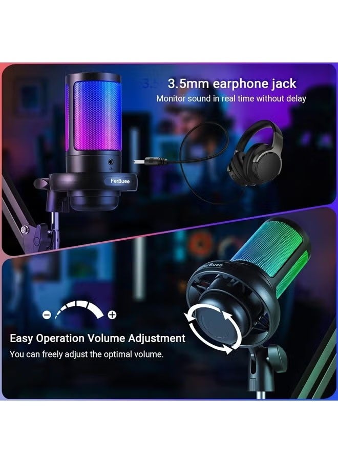 Gaming Microphone, USB PC Mic for Podcasts Videos, Streaming, Condenser Mic with Quick Mute, Tripod Stand, Pop Filter, RGB Indicator, Shock Mount (Black) - Image 3