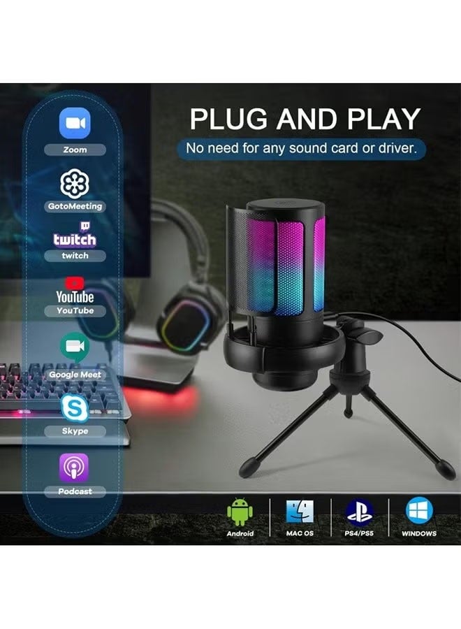 Gaming Microphone, USB PC Mic for Podcasts Videos, Streaming, Condenser Mic with Quick Mute, Tripod Stand, Pop Filter, RGB Indicator, Shock Mount (Black) - Image 2