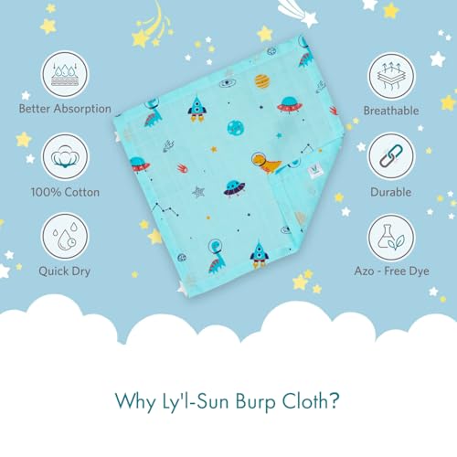 VAYA LY'L-Sun Baby Burp Cloth & Wash Cloth, Newborn Baby Essentials, Ultra-Soft & Quick Absorbent, 100% Cotton, Gentle on Baby’s Skin, Multipurpose Baby Towel for Newborn Babies, Color - Dino Space - Image 4