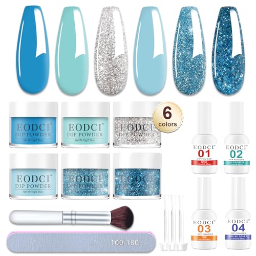 Eodci 12 Pcs Dip Powder Nail Kit Starter 6 Colors Glitter Blue Snow Dipping Powder Kit With Base Top CoatActivatorBrush Saver Nail Art Manicure Salon DIY for Daily at Home Party Gifts for Women - Image 1