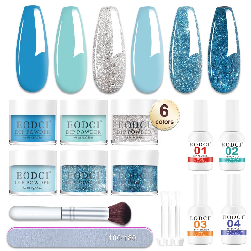 Eodci 12 Pcs Dip Powder Nail Kit Starter 6 Colors Glitter Blue Snow Dipping Powder Kit With Base Top CoatActivatorBrush Saver Nail Art Manicure Salon DIY for Daily at Home Party Gifts for Women - Image 3