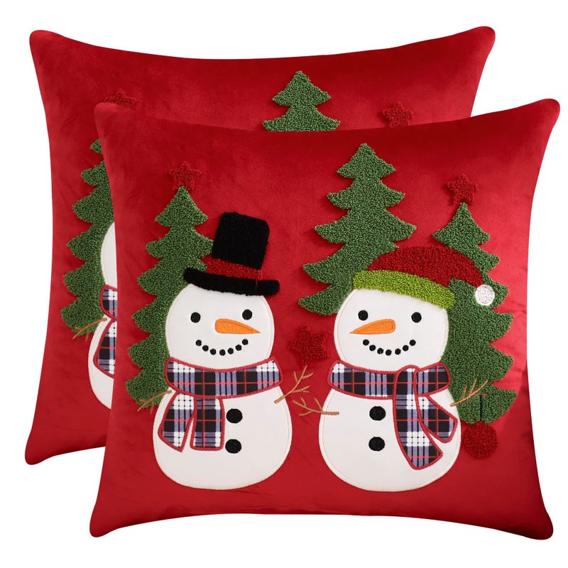 LUOYEHK Red Christmas Pillow Covers 18x18 Set of 2 Cute Snowmen Embroidered Pillow Cases Winter Holiday Velvet Cushion Covers for Couch Sofa Bed - Image 2