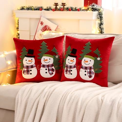 LUOYEHK Red Christmas Pillow Covers 18x18 Set of 2 Cute Snowmen Embroidered Pillow Cases Winter Holiday Velvet Cushion Covers for Couch Sofa Bed - Image 3