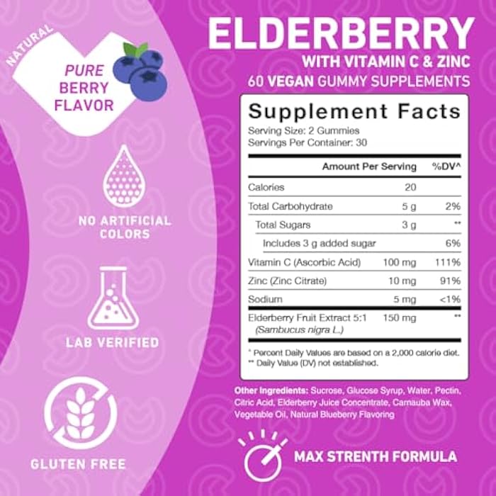 PUREFINITY Elderberry Gummies with Sambucus, Vitamin C, and Zinc – Your Perfect Daily 3-in-1 Supplement for Kids & Adults – Gluten Free, Non-GMO, Vegan, 60 Count (Pack of 2) - Image 3