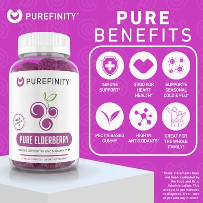 PUREFINITY Elderberry Gummies with Sambucus, Vitamin C, and Zinc – Your Perfect Daily 3-in-1 Supplement for Kids & Adults – Gluten Free, Non-GMO, Vegan, 60 Count (Pack of 2) - Image 2