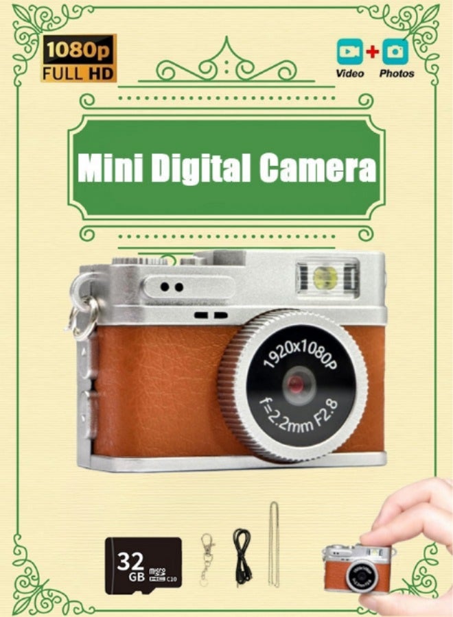 Digital Camera 1080P Retro CCD Mini Cam with 0.96in Screen Indoor Outdoor Sports Portable Vintage Very Small Camcorder Video Cameras Recorder with 32GB Card, Brown - Image 1