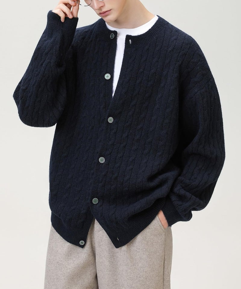 POHADON Twisted Cable Knit Sweater Vintage Y2k Aesthetic Chunky Grandpa Button Down Cardigan Fall Winter Fashion Clothes (Navy,Medium) - Image 2