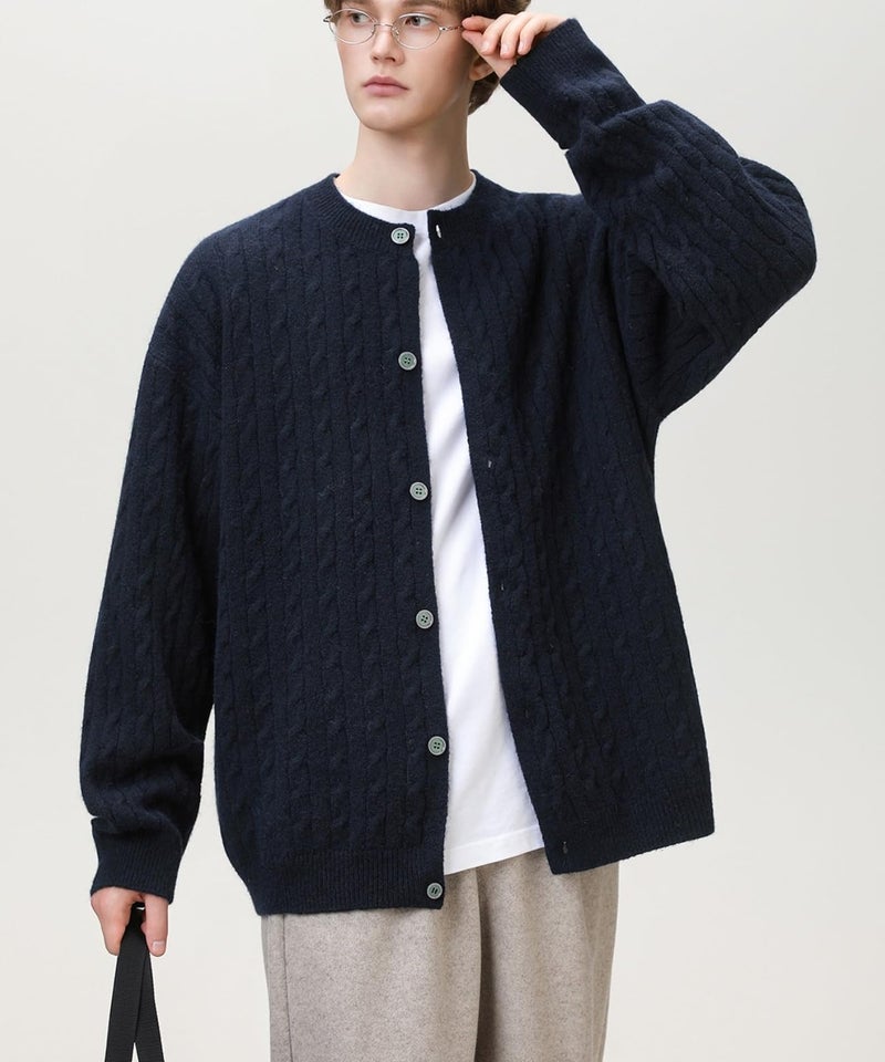 POHADON Twisted Cable Knit Sweater Vintage Y2k Aesthetic Chunky Grandpa Button Down Cardigan Fall Winter Fashion Clothes (Navy,Medium) - Image 3