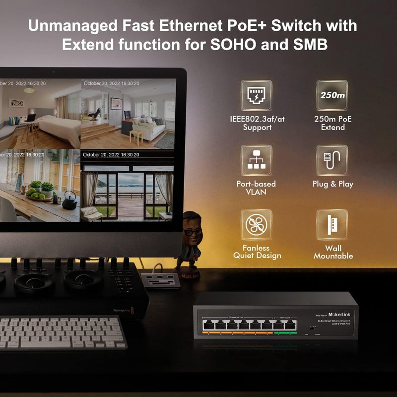 MokerLink مبدل شبكة MokerLink بـ 8 منافذ PoE مع 6 منافذ PoE+ ومنفذين Uplink وسرعة 100 ميجابت في الثانية وقدرة 78 واط وكشف بالذكاء الاصطناعي ومعيار IEEE802.3af/at وبدون مروحة وهيكل معدني والتوصيل والتشغيل - Image 2