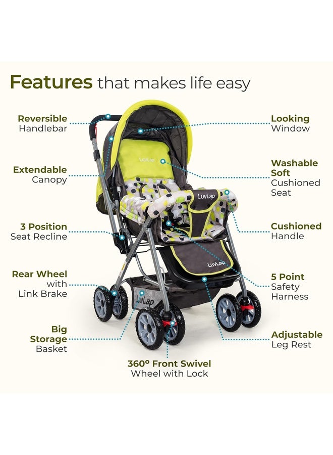 Luvlap Sunshine Baby Stroller / Pram for 0 to 3 Years, New Born / Toddler / Kid, 5 Point Safety Harness, Adjustable backrest, 360° Swivel Wheel, Large storage basket, Reversible Handlebar (Green) - Image 3