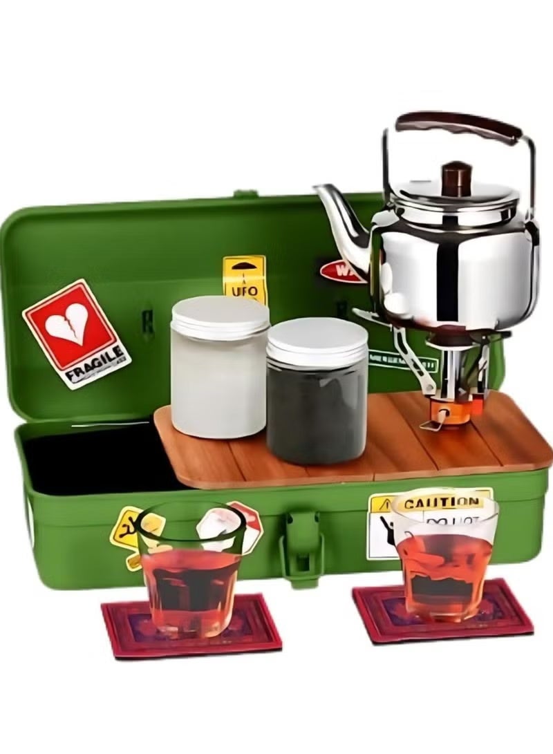 BlueFire Portable Camping Tea Set with Metal Storage Box All in One Outdoor Kettle Mini Gas Stove 4 Cups Travel Tea Kit Compact Camping Cookware Set for Desert Camping Picnic Road Trip Green - Image 1