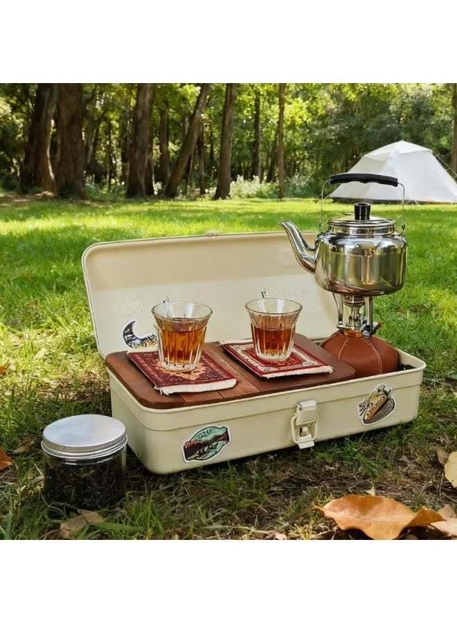 BlueFire Portable Camping Tea Set with Metal Storage Box All in One Outdoor Kettle Mini Gas Stove 4 Cups Travel Tea Kit Compact Camping Cookware Set for Desert Camping Picnic Road Trip Green - Image 2