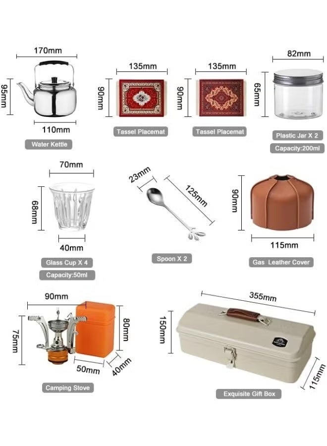 BlueFire Portable Camping Tea Set with Metal Storage Box All in One Outdoor Kettle Mini Gas Stove 4 Cups Travel Tea Kit Compact Camping Cookware Set for Desert Camping Picnic Road Trip Green - Image 4