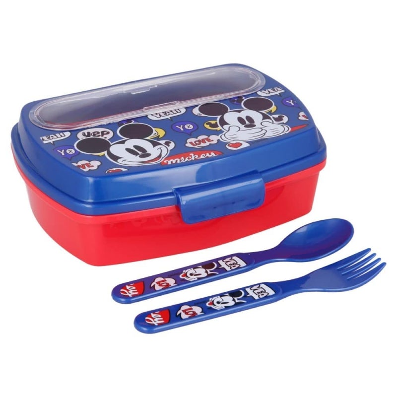 OM SUPPLIES Mickey Cartoon Characters Children Lunch Sandwich Box Container with Plastic Spoon and Fork Great for School or Picnic Mickey
