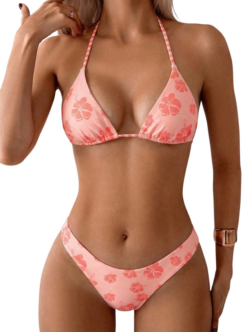 MakeMeChic Women's Polka Dots Triangle Thong Bikini Sets Floral Cute Bathing Suit Swimsuits Orange Pink Medium - Image 1