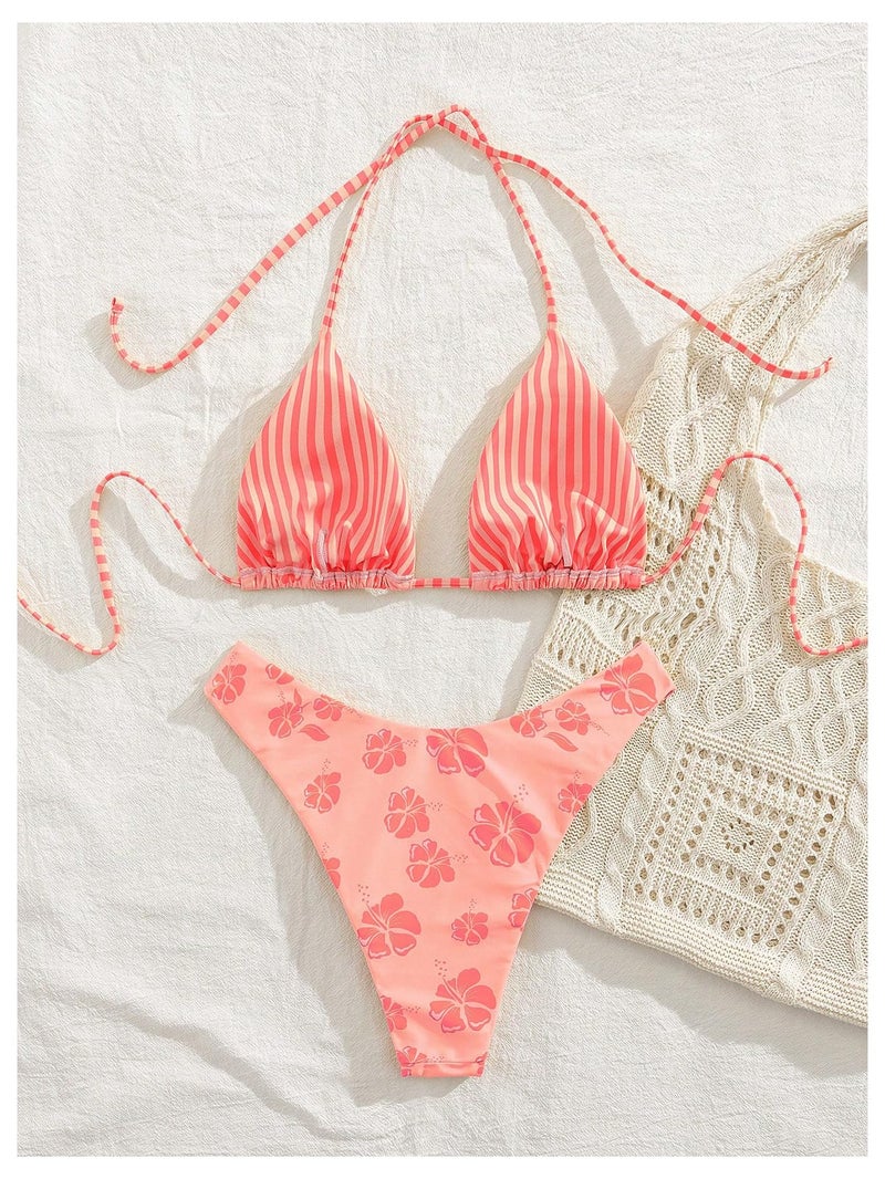 MakeMeChic Women's Polka Dots Triangle Thong Bikini Sets Floral Cute Bathing Suit Swimsuits Orange Pink Medium - Image 4