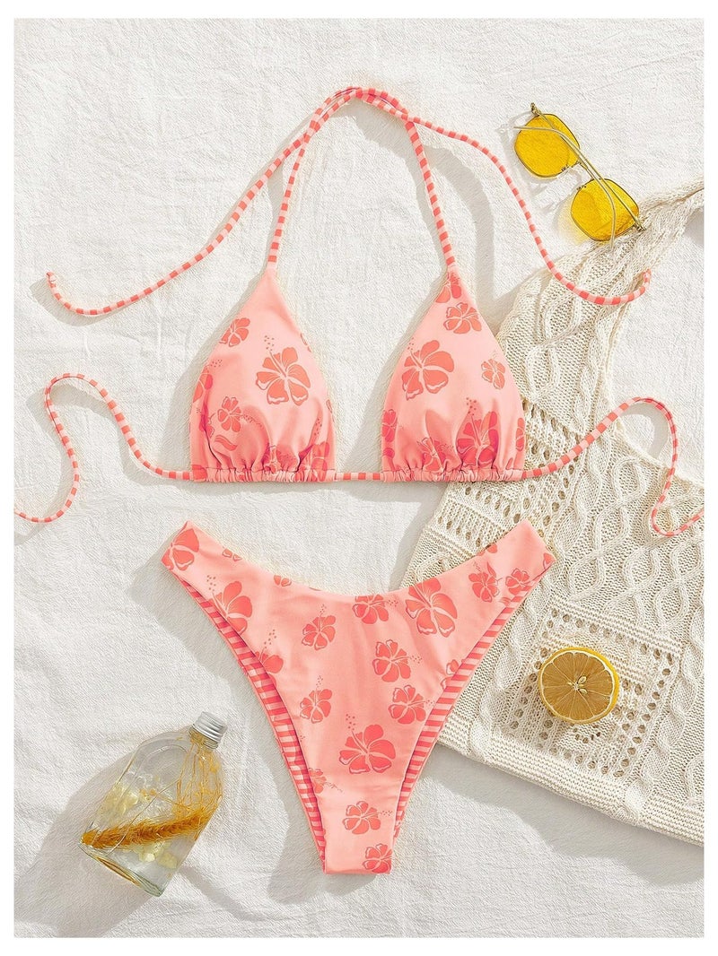 MakeMeChic Women's Polka Dots Triangle Thong Bikini Sets Floral Cute Bathing Suit Swimsuits Orange Pink Medium - Image 3