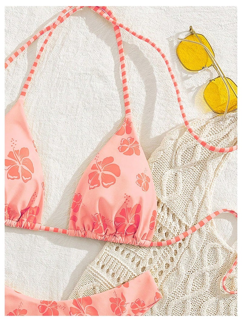 MakeMeChic Women's Polka Dots Triangle Thong Bikini Sets Floral Cute Bathing Suit Swimsuits Orange Pink Medium - Image 5