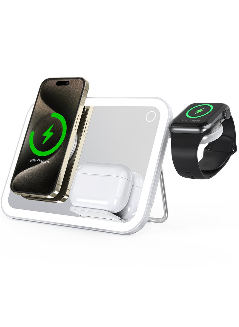 porodo Multi-Device Wireless Charging Mirror with Lights / MagSafe Compatible / Adjustable Stand / Mirror with Light / LED Night Light / Stainless Steel Material - White  - Image 1