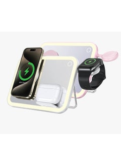 porodo Multi-Device Wireless Charging Mirror with Lights / MagSafe Compatible / Adjustable Stand / Mirror with Light / LED Night Light / Stainless Steel Material - White  - Image 3