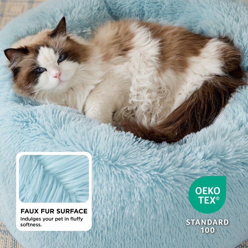 Bedsure Calming Cat Beds for Indoor Cats - Small Cat Bed Washable 20 inches, Anti-Slip Round Fluffy Plush Faux Fur Pet Bed, Fits up to 15 lbs Pets, Aqua Blue - Image 4
