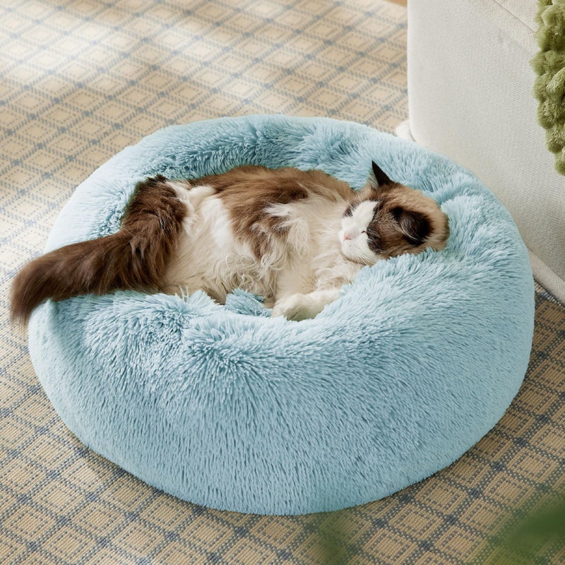 Bedsure Calming Cat Beds for Indoor Cats - Small Cat Bed Washable 20 inches, Anti-Slip Round Fluffy Plush Faux Fur Pet Bed, Fits up to 15 lbs Pets, Aqua Blue - Image 3