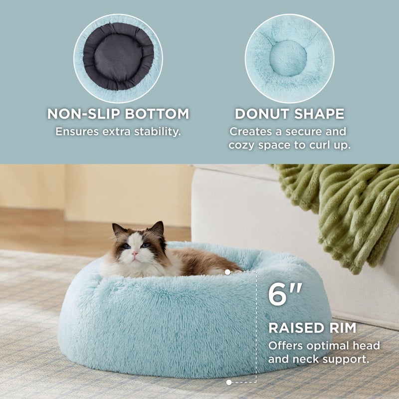 Bedsure Calming Cat Beds for Indoor Cats - Small Cat Bed Washable 20 inches, Anti-Slip Round Fluffy Plush Faux Fur Pet Bed, Fits up to 15 lbs Pets, Aqua Blue - Image 2
