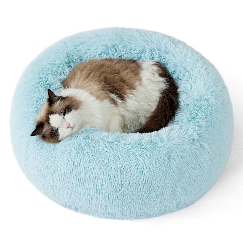 Bedsure Calming Cat Beds for Indoor Cats - Small Cat Bed Washable 20 inches, Anti-Slip Round Fluffy Plush Faux Fur Pet Bed, Fits up to 15 lbs Pets, Aqua Blue - Image 1