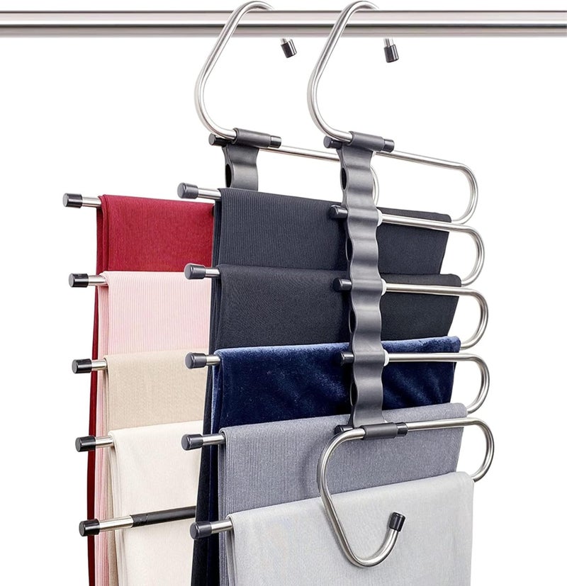 Shynora Multipurpose 5 in 1 Hangers for Pant, Stainless Steel Fordable Hangers for All Types of Clothes, Multilayer Pant Hanger for Wardrobe, Multipurpose Hanger Organizer for Home -Black (Pack of 1) - Image 1