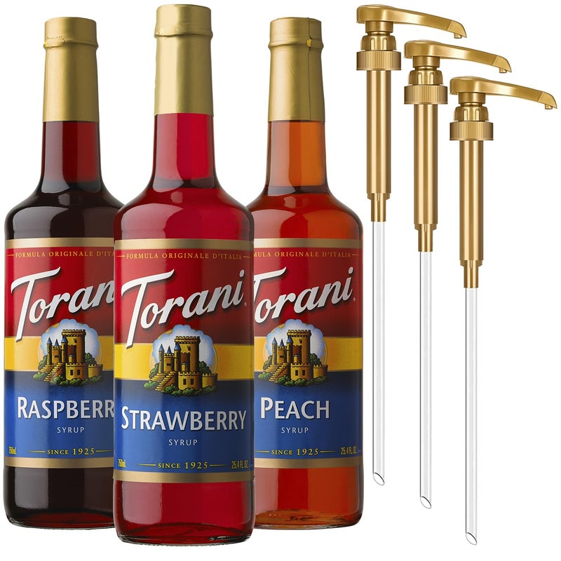 Torani شراب توارني بنكهة الفراولة والخوخ والتوت لمجموعة متنوعة 3 عبوات لنكهات الشاي المثلج والليمون والمشروبات الغازية مع مضخات مرفقة 254 أونصة لكل منها - Image 3