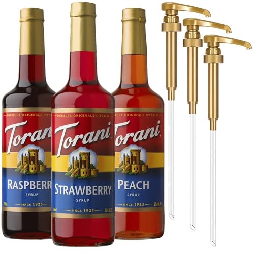 Torani شراب توارني بنكهة الفراولة والخوخ والتوت لمجموعة متنوعة 3 عبوات لنكهات الشاي المثلج والليمون والمشروبات الغازية مع مضخات مرفقة 254 أونصة لكل منها - Image 1