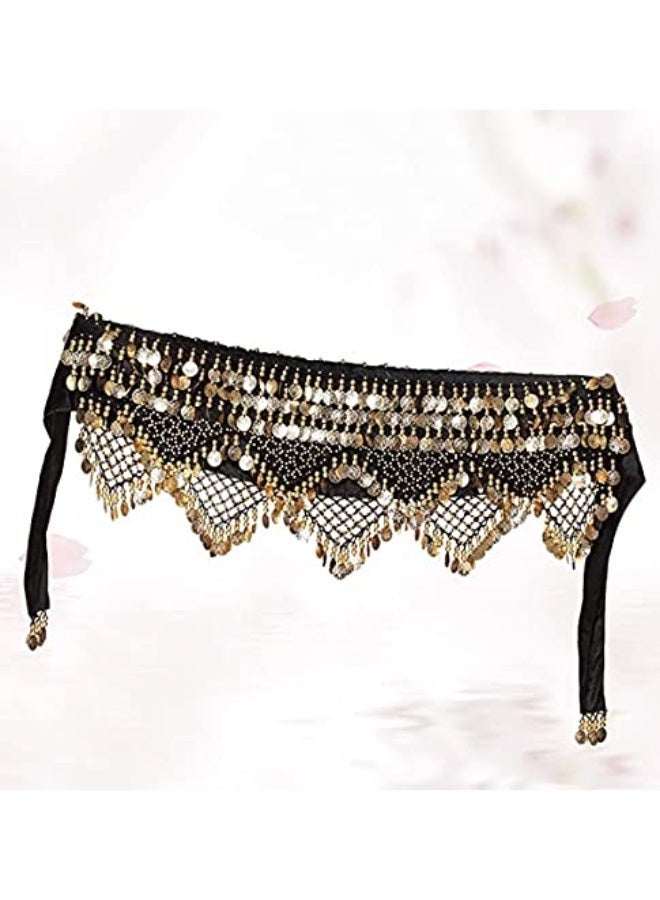 Wrap Belt, Women Sequins Belly Dance Hip Scarf Wrap Belt, Gold Coins Belly Dance skirt (Black) - Image 3