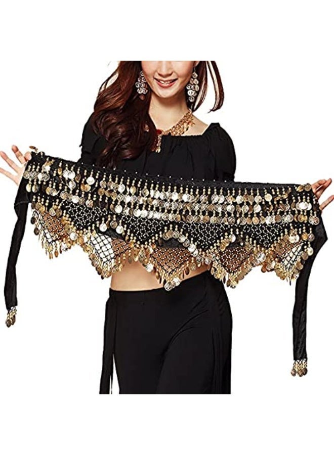 Wrap Belt, Women Sequins Belly Dance Hip Scarf Wrap Belt, Gold Coins Belly Dance skirt (Black) - Image 4