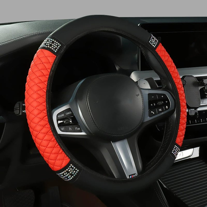 Tioollev Bling Car Steering Wheel Cover 15 Inch Rhinestones Soft Leather Elastic Steering Wheel Protector Universal 15 Inch for Women Girls Fit Vehicles Sedans SUVs Vans Trucks Red - Image 3