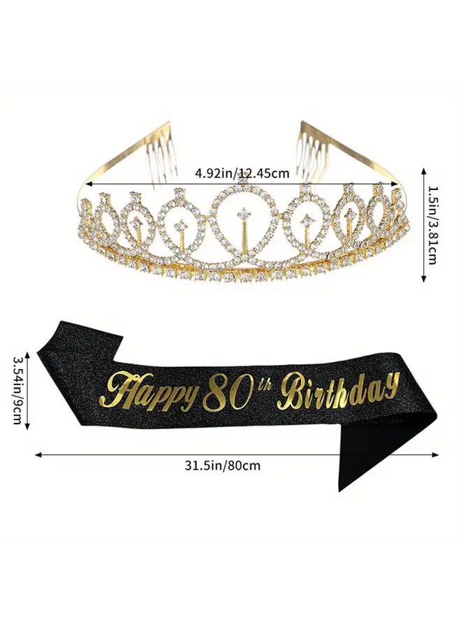 80th Birthday Happy Birthday Sash And Crown Set Elegant Black Gold Party Decorations Photo Booth Props - Image 3